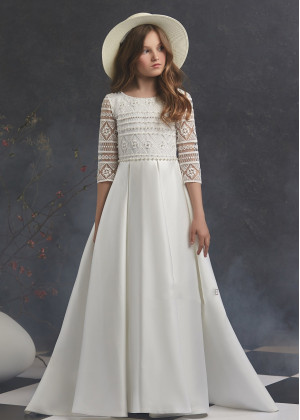 Pearls Beaded Ivory Lace Satin Floor Length Flower Girl Dress